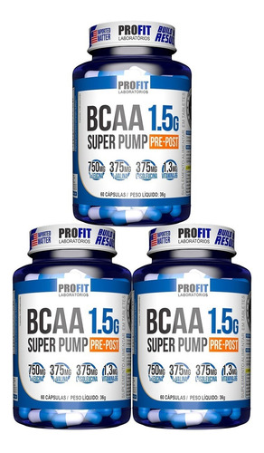 3x Bcaa 1.5 Super Pump Com 60 Caps - Aminoácido - Profit