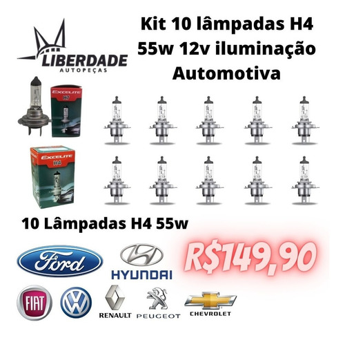 10 Lâmpadas H4 12v 55w Ford Fiat Vw Gm Hyundai Renault