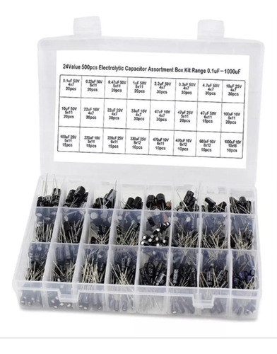 Kit Capacitores Electrolíticos 24 Valores 500pzs 0.1-1000uf
