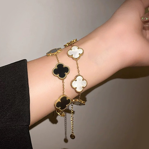 2 Pulsera Trébol Cuatro Acero Inoxidable Novia Mujer Color Negro/blanco