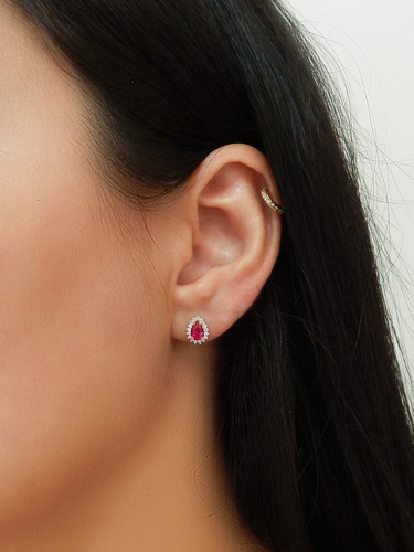 Conjunto De Ouro Branco 18k Com Rubi Sintético E Zircônias