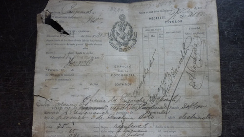 Documento De Filiación Crucero Pres. Errazuriz 1909 Armada