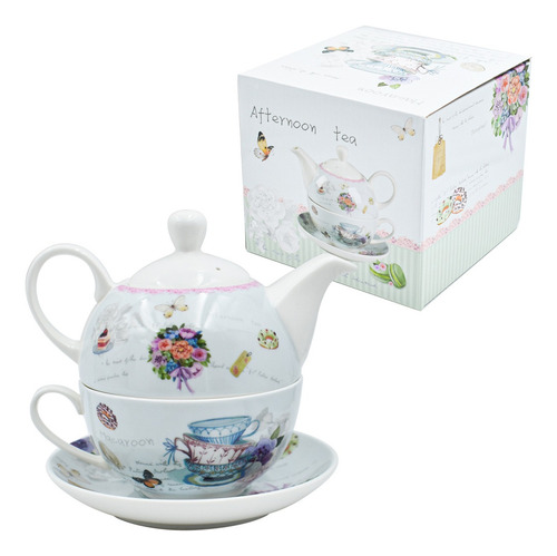 Tetera C/tapa, Taza Jumbo, Y Plato De Porcelana 450 Ml