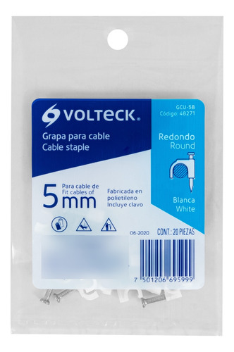 Bolsa Con 200 Grapas Blancas 5 Mm Para Cable Redondo Volteck
