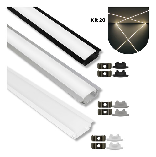 Kit 20 Metros Perfil Alumínio Embutir Slim P/ Fita Led