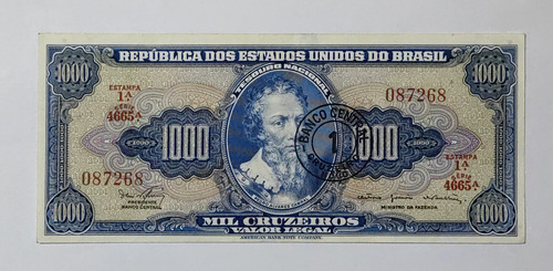 Billete 1000 Cruzeiros Resello 1 Cruzeiro 1967 Brasil Au