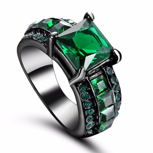 Anillo Acero Negro Verde Enchapado Circon Piedras