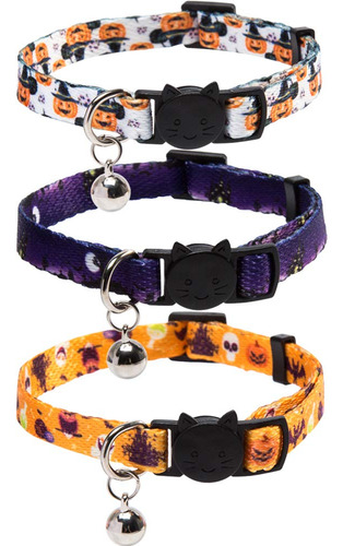 Paquete De 3 Collares De Gato De Halloween Con Campana Ajus.