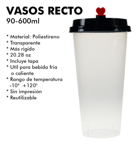 Vaso Recto Reciclable 600ml C/tapa Para Tapioca 50pzs Transparente