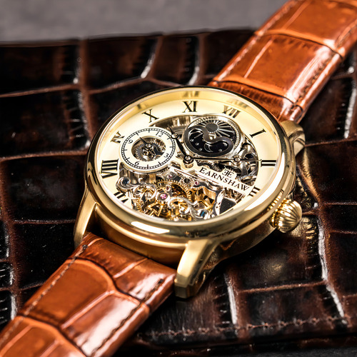 Reloj De Pulsera Earnshaw Hombre Longitude Golden Champagne Correa Café