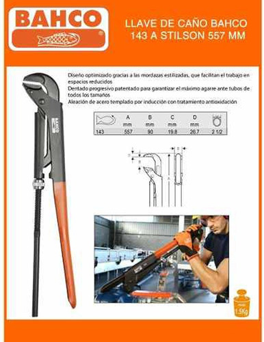 Imagen 4 de 9 de Llave Caño Ajustable Bahco 143 Apertura 90 Mm Stilson 6040