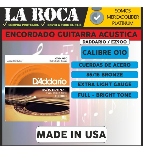 Imagen 3 de 10 de Encordado Guitarra Acustica 010 Daddario Ez900 Cuerdas