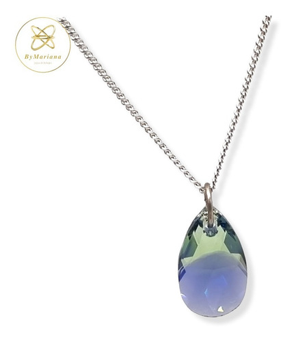 Imagen 1 de 7 de Cadena Plata Con Dije Gota Cristal Swa Azul/verde 10 X 16mm