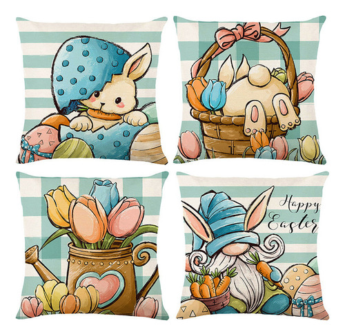 4 Pillow Covers Cute Funny Bunny Linen Print