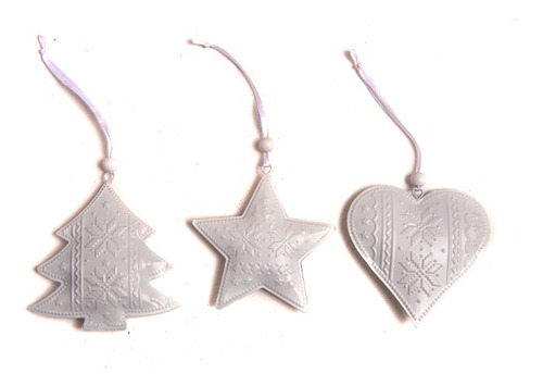 Adorno Navidad Set X3 Colgantes Metal Blanco Con Diseños  