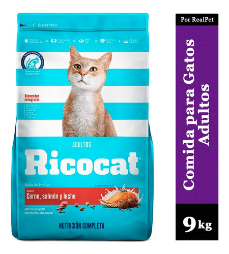 Comida Para Gato Adulto Ricocat Carne Salmón Y Leche 9 Kg