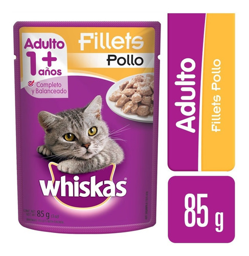 Alimento Para Gato Whiskas Fillets Pollo 8 Paq. 85 Gr C/u