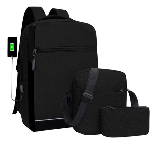 Mochila Usb  Bolsa  Lapicera , Set 3 Piezas , Oficina Escolar Viaje 3011 Am7 Color Negro