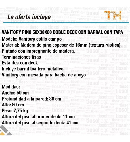 Vanitory Madera Deck Barral 50 Cm Tapa Para Bacha Baño Apoyo