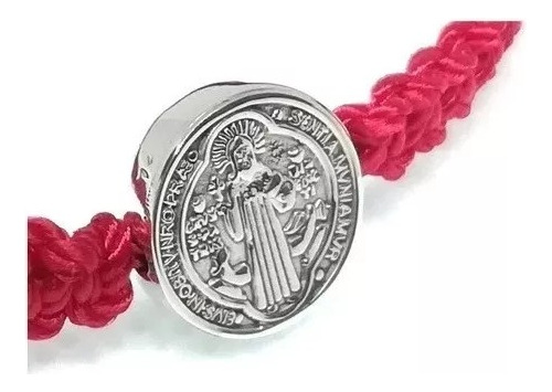 Pulsera San Benito Plata .925 Tejida Hilo Rojo Ajustable