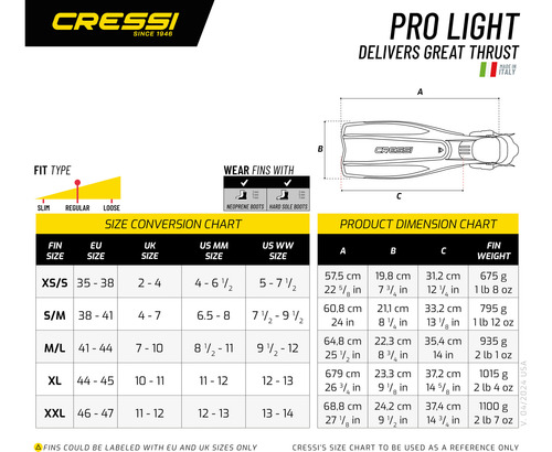 Aletas Cressi Pro Light Para Buceo Azul S - M ( 7/8 )