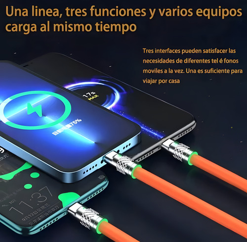 Cable 3 En 1 Para Iphone Tipo C Y Micro Usb 120w 1.2m Naranja