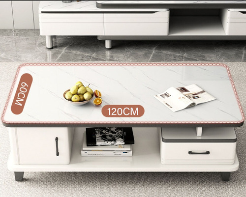 Mesa De Sala Centro De Vidrio Multifuncional 120cm De Mármol Color Blanco