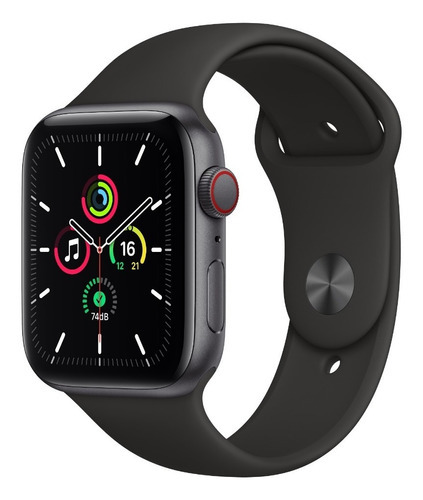 Apple Watch SE (GPS + Cellular, 44mm) - Caixa de alumínio cinza-espacial - Pulseira esportiva Preto