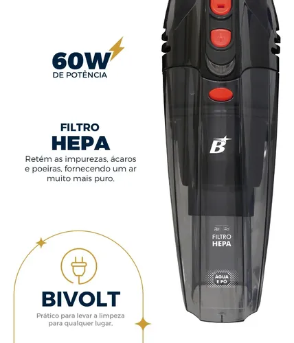 Aspirador De Pó Portátil Bas01 Pó E Água Bivolt 60w Britânia Cinza