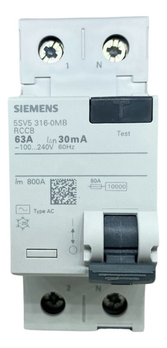 Interruptor Dr Fuga 2p 30ma 63a Ac 5sv5316-0mb Siemens