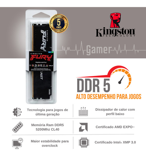 Memória Ram Pc Gamer Ddr5 Kingston Fury Beast 16gb 5200mhz