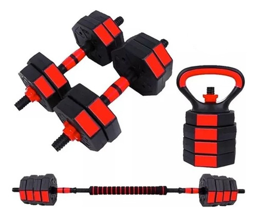 Set Mancuernas Ajustables 10kg 3 En 1 + Barra + Kettlebell