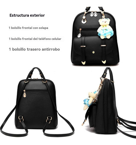 Mochila Mujer Moda Pu Impermeable+oso Accesoriosbolsa Viaje Púrpura