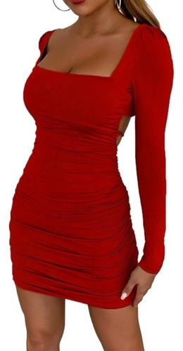 Vestido Corta Sexy Mangas Larga Con Cuello Cuadrado