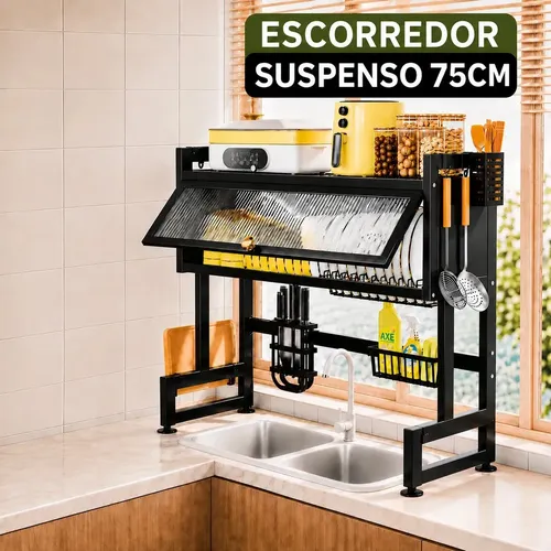 Escorredor De Louca Suspenso Grande Para Copos Talheres E Pratos Organizador De Pia Cozinha 75cm Armario Cor Preto Laruno