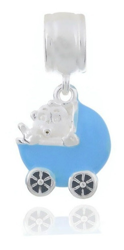Berloque Carrinho De Bebê Menino Azul Prata 925