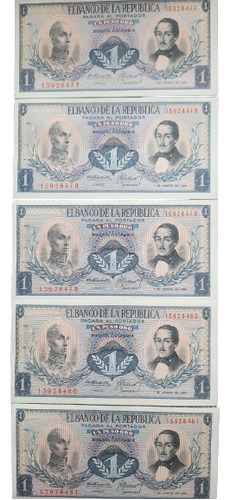 Billete Colombia 1 Peso 1973 (set De 5) Consecutivos Unc