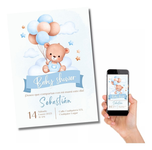 Invitación Digital Baby Shower Osito Niño Azul