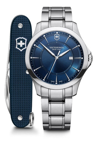 Reloj Victorinox Alliance Con Navaja Suiza Original E-watch Color de la correa Plateado Color del bisel Plateado Color del fondo Azul