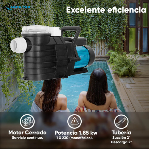 Motobomba Aqua Pak Para Piscina Modelo Supra 25/1230 / Flujo De 135 - 485 Lpm / Motor Cerrado Y Servicio Continuo Para Recircular El Agua