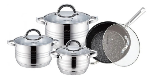 Juego Batería Cocina 8pz Ollas Sartén Acero Inox Tapa Vidrio