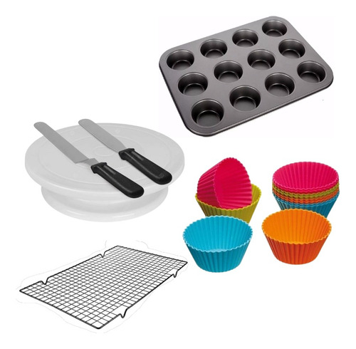 Set Plato Base Giratorio Espatulas Moldes Muffins Rejilla