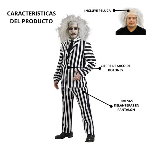 Imagen 4 de 5 de Disfraz Beetlejuice Fantasma Con Accesorios Adulto Hombre