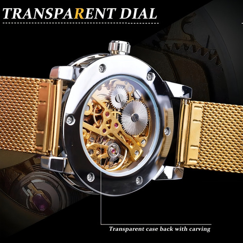 Relojes de pulsera mecánicos Forsining 1201 Skeleton, color de fondo dorado