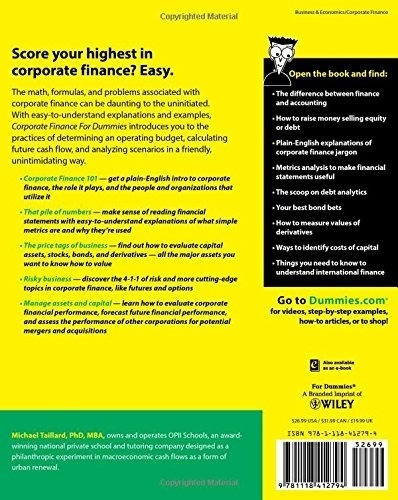 Corporate Finance For Dummies, De Michael Taillard. Editorial John Wiley & Sons Inc, Tapa Blanda En Inglés
