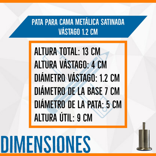 Imagen 3 de 7 de Pata Para Cama Metálica Satinada Vástago 1.2 Cm