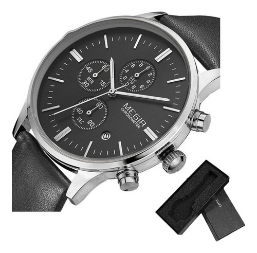 Reloj De Cuarzo Megir Leather Para Hombre Con Calendario De Color Del Fondo Negro