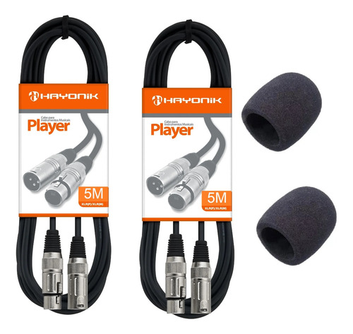 2 Cabo Microfone Xlr 5m Balanceado Profissional + 2 Espumas