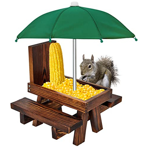 Squirrel Feeder Table With Umbrella, Wooden Squirrel Pi...