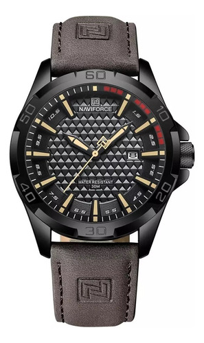 Reloj deportivo militar original Naviforce para hombre, correa de piel, color marrón oscuro, bisel, color negro, color de fondo negro